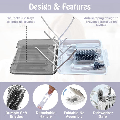 Brush,6 1 Baby Bottle in Bottle Cleaner Brush Kit with Extendable Silicone Bottle Brush, Drying Rack, Nipple Brush