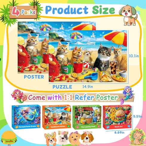 Ciesa 4 Packs 100 4-6 6-8 8-10, 4-6 5-8 Piece Puzzles for Kids Ages Mermaid Dogs Cats Hamburger Educational Jigsaw