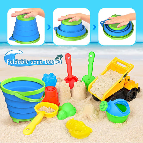 Fegalop 14Pcs Sets, Set Bag,Summer Beach Toys, Sand Toys with Construction Vehicle and Collapsible Beach Bucket, Animal