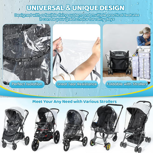 Universal Clear Stroller Rain Cover, No-Zip Waterproof Stroller Cover - Food Grade EVA & Frosted PVC, Baby Travel