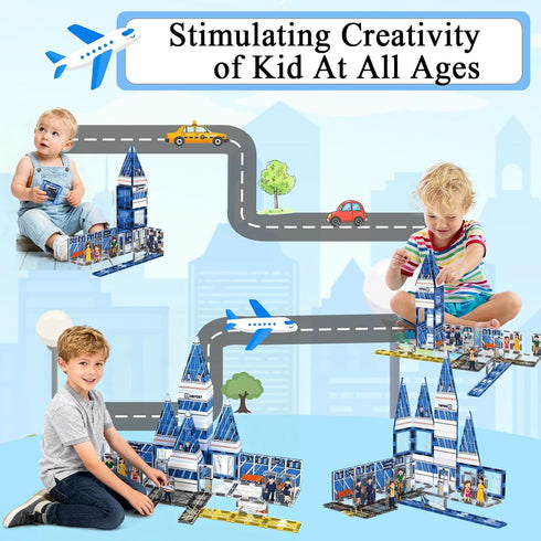 54PCS Set, 3-5 5-7 8-10 AFUNX Magnetic Tiles, Airport Theme Building Blocks Magnet Building Blocks and STEM Preschool
