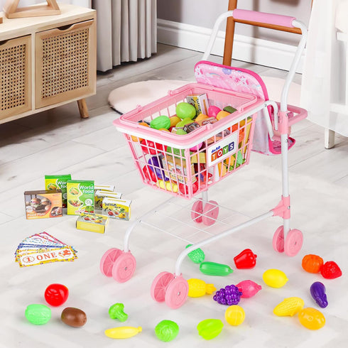 Set,Pretend 2 1 deAO Kids Shopping Cart Play Food and Shop Accessories, in Kids Grocery Trolley with Front Doll Seat