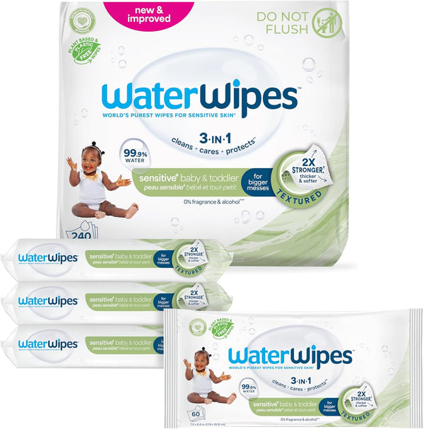 WaterWipes Sensitive+ Baby & Toddler Wipes, 3-In-1 Cleans, Cares, Protects, 99.9% Water,