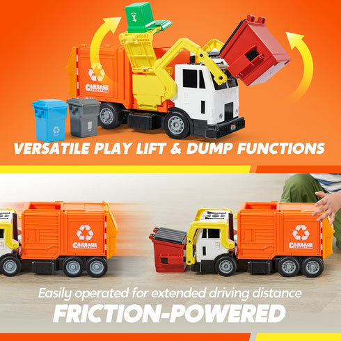 Set, JOYIN Large Friction Powered Garbage Truck Toy Includes Dumpster, Trash Bins, and Learning Cards for Kids, Orange