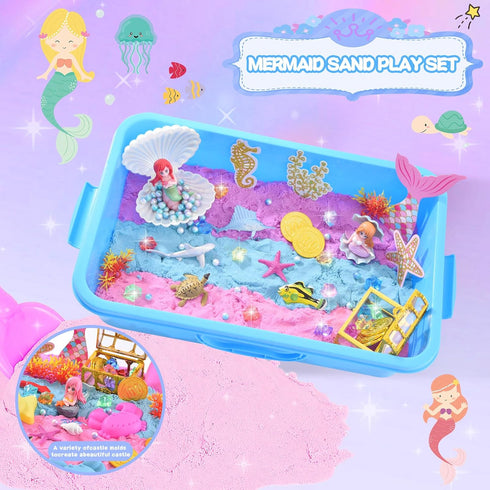 3.3lb 3-8 Volmop Sensory Bin for Girl, Play Sand Art Kit with Sandbox, Color Sand, Mermaid Tactile Sensory, Christmas