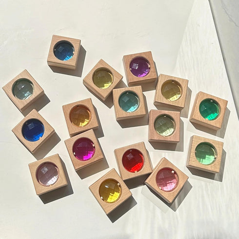16PCS Acrylic Wooden Gem Blocks, Sparkling Colorful Wooden Stacking Toys, Montessori Educational Wooden Toys