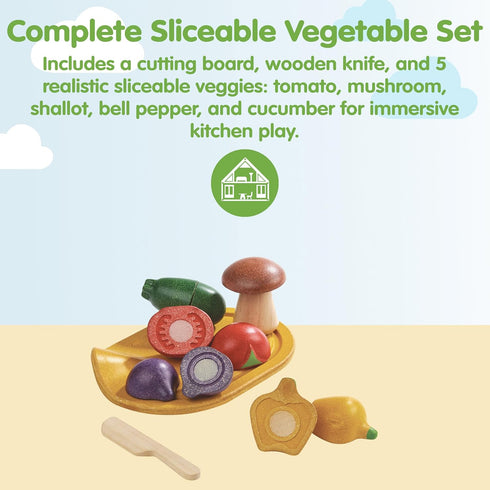 Set PlanToys Wooden Assorted Vegetable | Montessori Play Food for Toddlers | Includes Tomato, Mushroom, Shallot, Bell