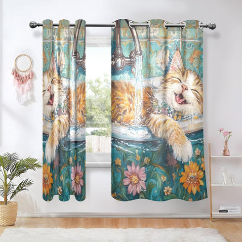 tplaotee Summer 63 Inch 2 Sets 42 63 Inch Cartoon Cute Bathing Cat Vintage Bathtub Curtains for Living Room Curtains