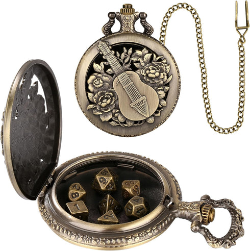 Mini DND Dice Set Steampunk Hollow Bard Pocket Watch Shell Case, 7pcs Tiny Polyhedral Metal Dice