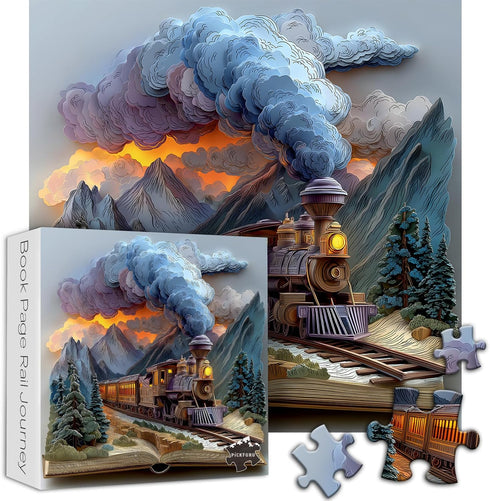 PICKFORU 1000 Sunset Train Book Puzzles for Adults Pieces, Fantasy Nature Landscape Aesthetic Art Jigsaw Puzzles