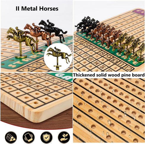 11 4 2 2-11 Horse Race Board Game with Luxury Metal Horses, Dice, Card Boxes and Thickened Wood Game Board for Players