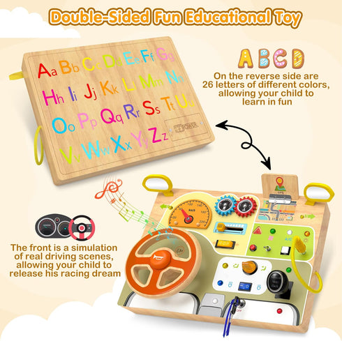 Montessori Toddler Toys - Baby Wooden Busy Board - Sensory Toys with Light Switch for Educational Activities for