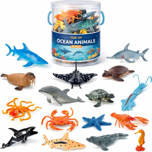 16 Playset Liberty Imports Bucket of Ocean Sea Animals Toys - PCS Large Underwater Deep Sea Creaures, Realistic Soft