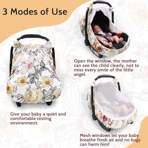 3in1Multi-use Floral Baby Car Seat Cover for Girl,Infant Carseat Canopy Sun CoverBaby Carrier Cover with Zipped Peep