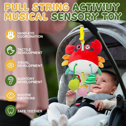 ElapseGlow 18 Tummy Crab Baby Toy - Clip-On Hanging Sensory Toy for Car Seat, Stroller, Gym with Squeaker, Crinkle