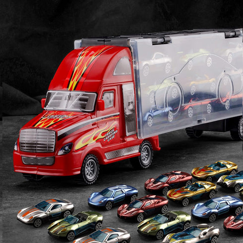 BoomCaCa Toy Truck Transport Car Carrier - 18 Sport Cars in Truck Toys,