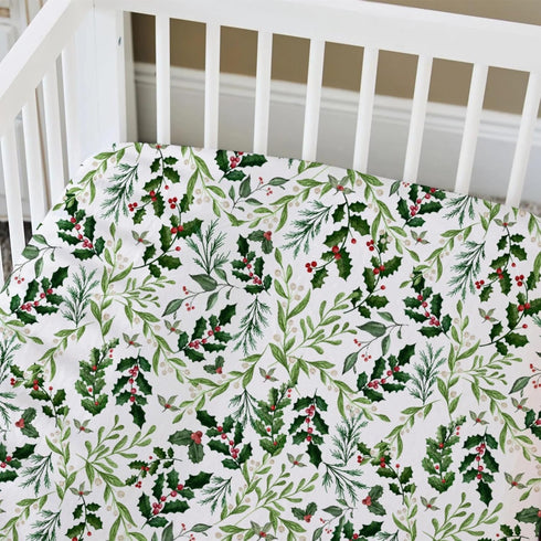 52 28 HawSkgFub Christmas Foliage Holly Berry Fitted Standard Crib Sheet Baby Boy Girl Shower Gift, Neutral Green Xmas