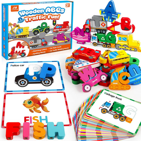 Vanmor Wooden Vehicle Alphabet Puzzle for Toddlers, Traffic ABC Letter Sight Words