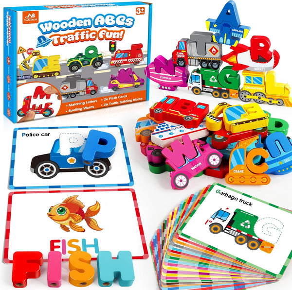 Vanmor Wooden Vehicle Alphabet Puzzle for Toddlers, Traffic ABC Letter Sight Words