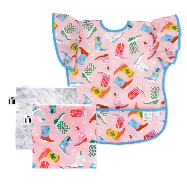 Bumkins Ruffle Apron Bib and 2-pack Sandwich Bags, Waterproof Fabric