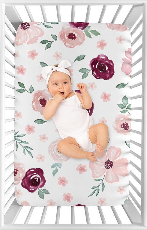 Pack Sweet Jojo Designs Burgundy Watercolor Floral Girl Fitted Mini Crib Sheet Baby Nursery For Portable Crib