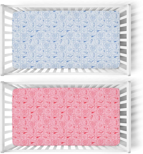 ZoUbqchY 28"x52" Summer 2 Pack Vintage Seashells Starfish Baby Crib Sheets for Boy Girl Boho Beach Conch Soft Snug
