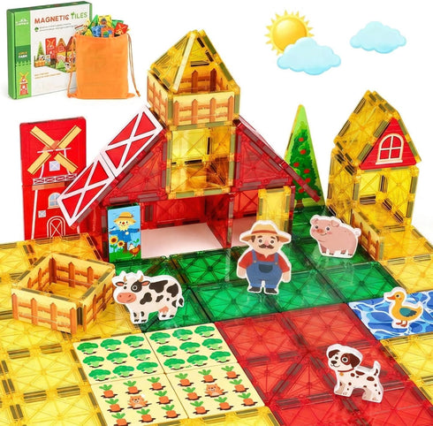 3 Otters 42PCS Magnetic Tiles Toys with Farm Animals, Magnetic Building Blocks