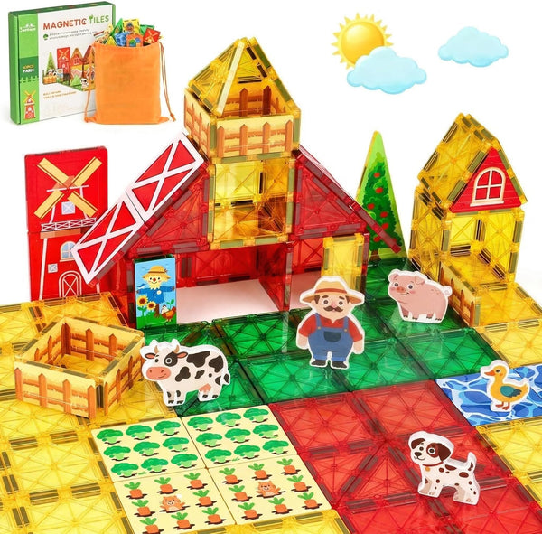 3 Otters 42PCS Magnetic Tiles Toys with Farm Animals, Magnetic Building Blocks