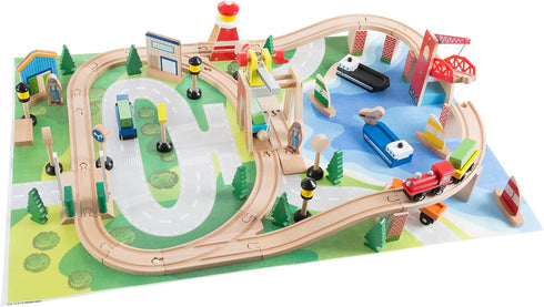 Wooden Train Set with Play Mat for Kids - 75-Pieces Including Deluxe