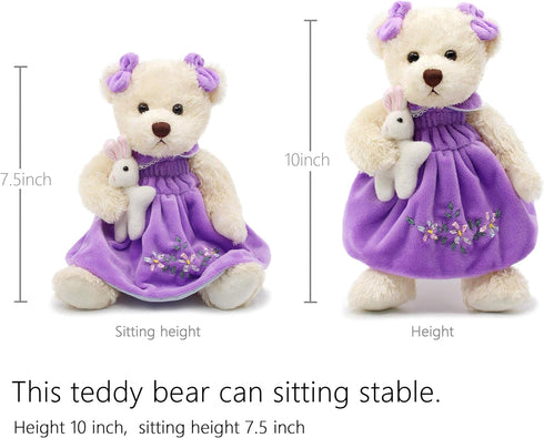 10" Oitscute Small Baby Teddy Bear with Cloth Cute Stuffed Animal Soft Plush Toy (Purple Dress with Rabbit)