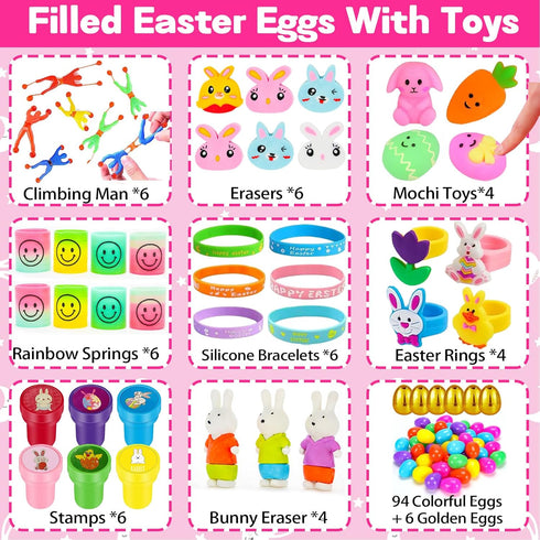 HLXGFCAI 100 PCS Prefilled Easter Eggs with Toys Inside, Easter Egg Fillers, Easter Eggs Filled, Easter Basket Stuffers