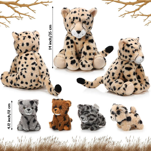 5 Set Mommy 4 Tummy Silipull Pcs Cheetah Stuffed Animals Large Cheetah Plush with Soft Cuddly Baby Cubs in Her for Boys