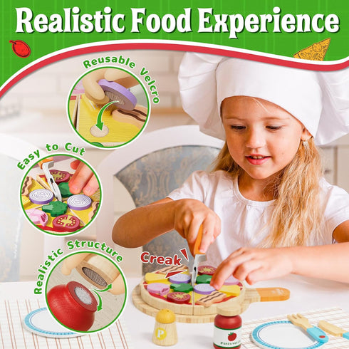 Sets 3-5 Lehoo Castle Wooden Play Food for Kids Kitchen - Pizza Toy with Pot & Pan, Play Kitchen Accessories, Pretend