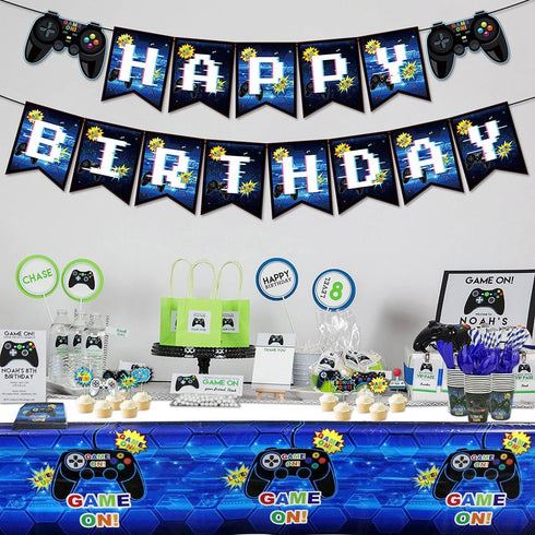 Gamer Birthday Decoration Kit - Video Game Party Supplies for Boys, Includes HAPPY BIRTHDAY Banner, Plates, Cups,