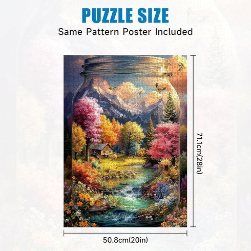 1000 1000 20 28 Inch Puzzles for Adults Pieces, World in a Jar Fall Landscape Jigsaw Puzzle with Cabin River Butterfly