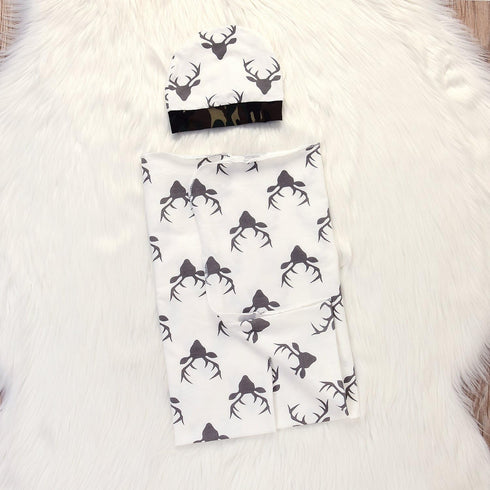 Soft Cotton Newborn Baby Swaddle Receiving Blanket, Deer Printed Bath Towel with Hat Sets