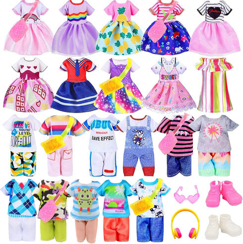 30 PCS Mini 6 Inch Doll Clothes and Accessories, 4 Tops, 4 Pants for Boy Dolls, 5 Dresses, 10 Outfits & Accessories