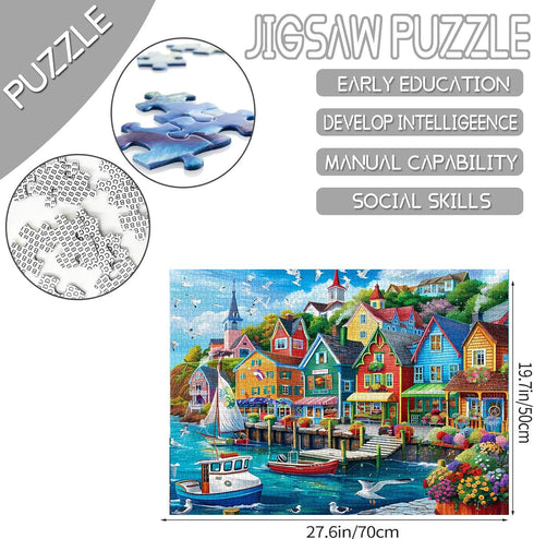 Colorful Seaside Town Jigsaw Puzzle - 1000 Pieces for Adults - Challenging Hardboard Puzzle for Game Nights - 27" x 20"