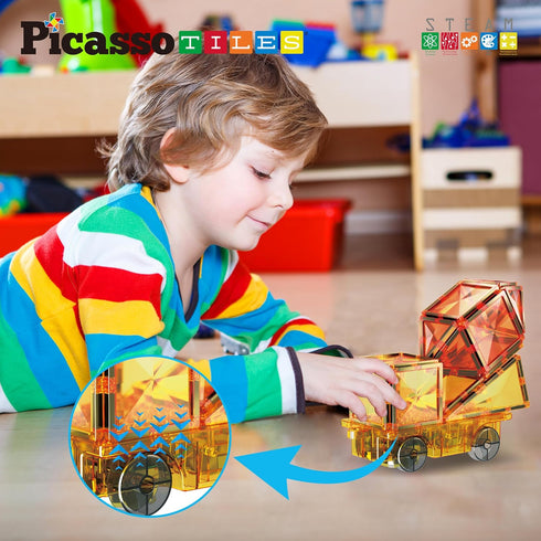 PicassoTiles Magnet Tile Motorized Car Base - Self Turning Omnidirectional Truck with Light and Motor