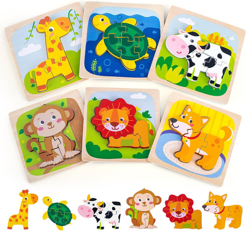 Wooden Puzzles for Toddlers Ages 1-3 - Montessori Toys with 6 Animal Patterns, Educational Learning Toys (6 Pack)