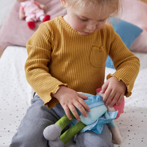 HABA Snug Up Philine, 10" Soft Doll with Embroidered Face, Pink Pigtail, Removable Blue Dress, Machine Washable