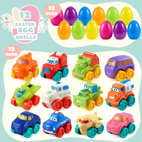12 JOYIN Pcs Easter Eggs with Toys, Plastic Eggs with Rubber Cars, Basket Stuffers, Party Favors for Toddlers and Kids
