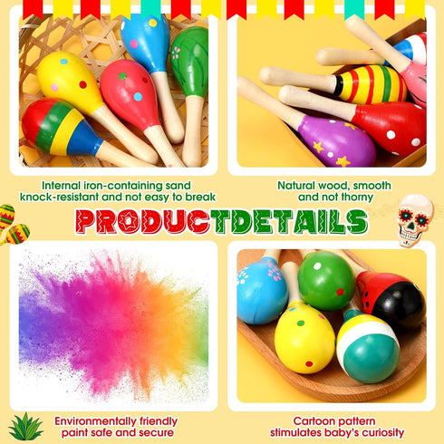 50 Pcs Mini Wooden Maracas for Kids Fiesta, 17 Designs Noisemaker for Mexican Cinco De Mayo, Luau Party, Carnivals,
