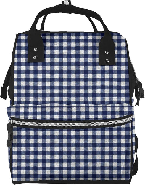 Qewfoju Navy blue Gingham 2 Pattern Diaper Bag Backpack Multifunctional Baby Bags for