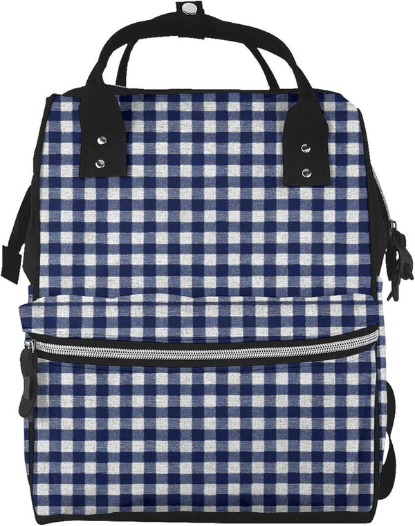 Qewfoju Navy blue Gingham 2 Pattern Diaper Bag Backpack Multifunctional Baby Bags for