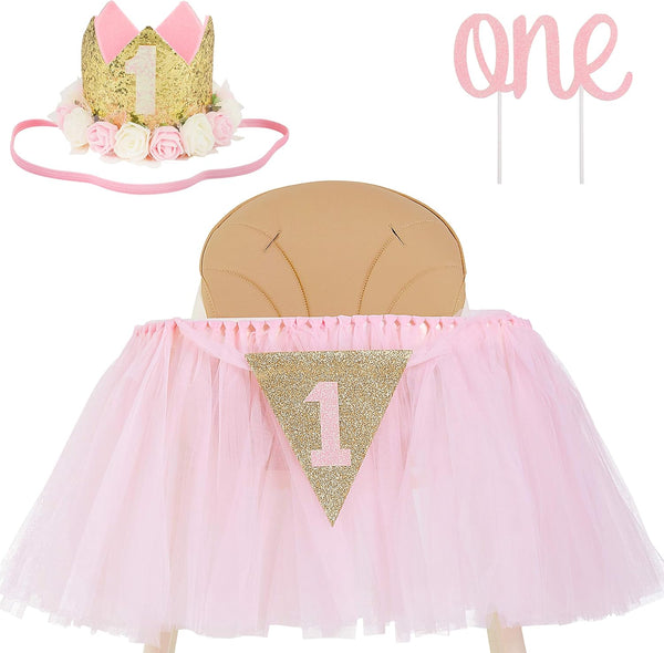 1st Birthday Girl Decorations - High Chair Tutu Skirt with No.1 Crown, Cake Smash Banner, Princess Crown, 'ONE' Cake