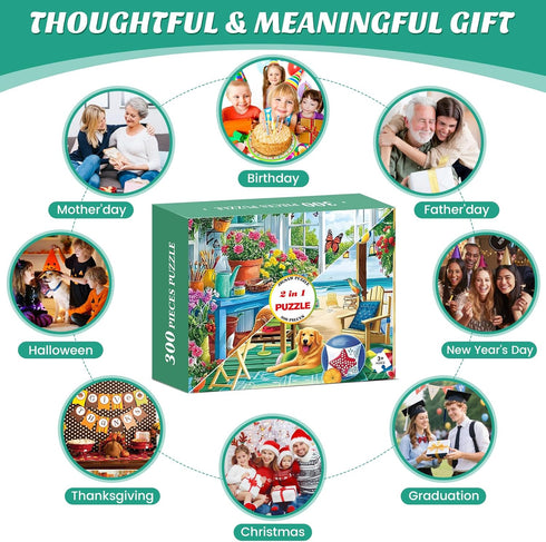 2 Pack 300 8-10 10-12,Glossy Gift,20.5x15 Piece Puzzle for Adults, Garden Dogs Seaside Porch Jigsaw Puzzle