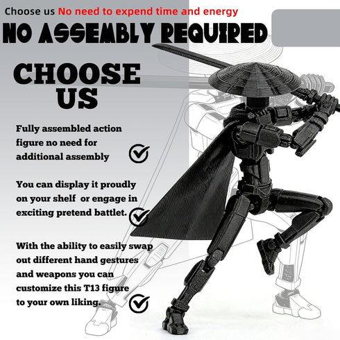 PkghoKids T13 Accessories,T13 3D Already Assembled Action Figure Multi-Jointed Movable Printed Toys (Black)