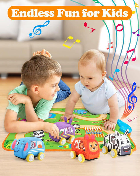 Helsort 1 1-3, 12-18 1st Baby Car Toys for Year Old Boy with Musical Playmat, Animal Sounds and Pull Back Vehicles