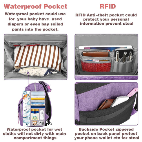 Backpack,Purple Boys,15.6inch Jiefeike Diaper Bag baby bag for Mom Dad Girls baby girl diaper bag with Insulated